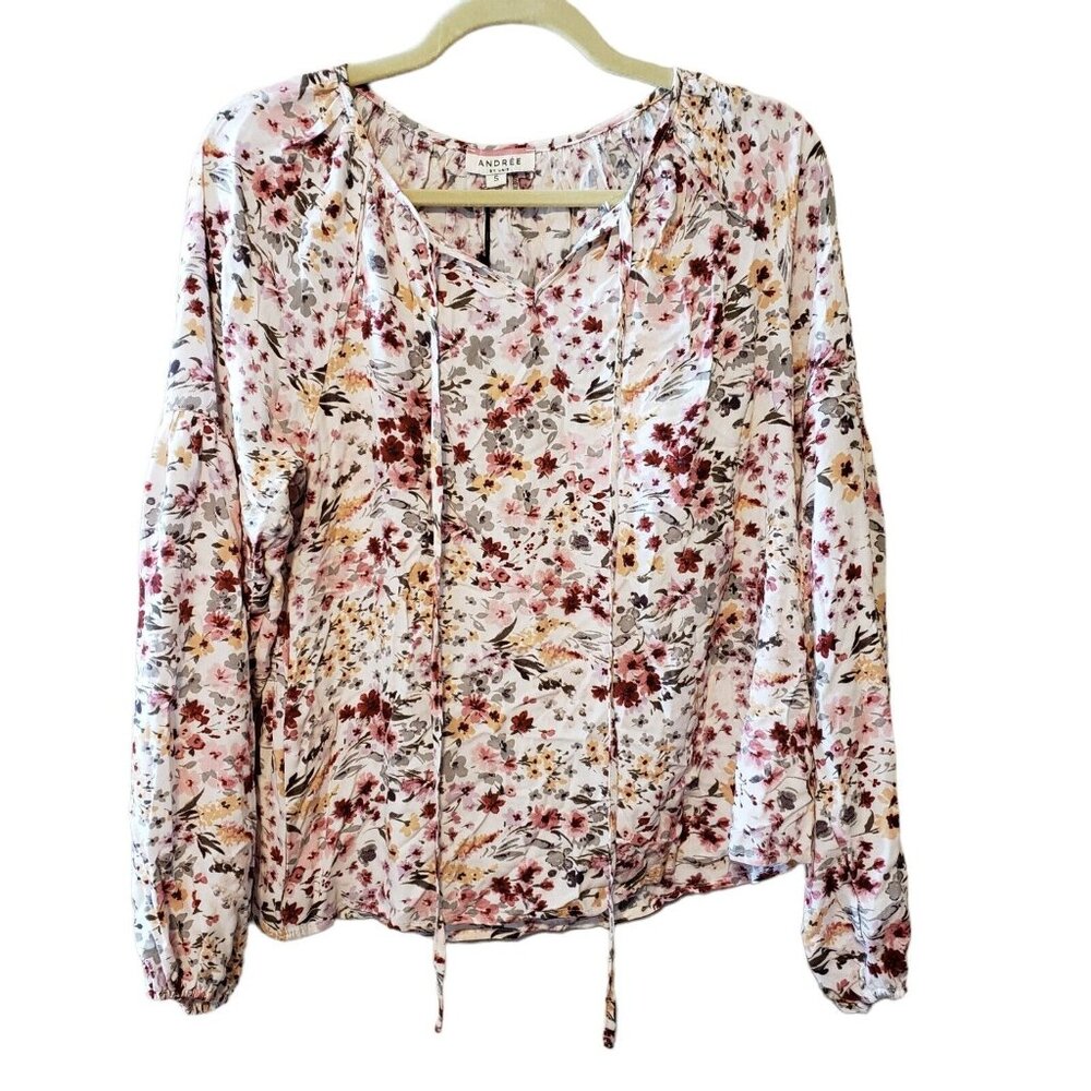 Andrée By Unit Red Olive & Mustard Floral Long‎ Sleeve Blouse Tie Neck Size S